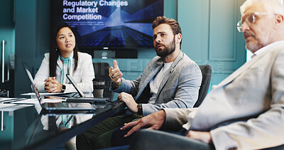 Buy stock photo Boardroom, teamwork and group with ideas, discussion and laptop with updates of regulations and info. Business, brainstorming and planning for strategy, people and analysis of market competition