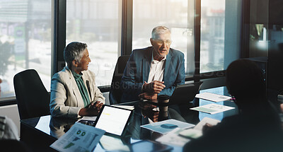 Buy stock photo Meeting, planning and people with laptop, boardroom and discussion for stats, team and company. Corporate, colleagues and analysis of charts in business, collaboration and communication for updates