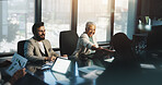 Meeting, handshake and people with documents, boardroom and discussion for stats, team and company. Corporate, colleagues and shaking hands for performance of business, happy and gesture for success