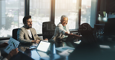 Buy stock photo Meeting, handshake and people with documents, boardroom and discussion for stats, team and company. Corporate, colleagues and shaking hands for performance of business, happy and gesture for success