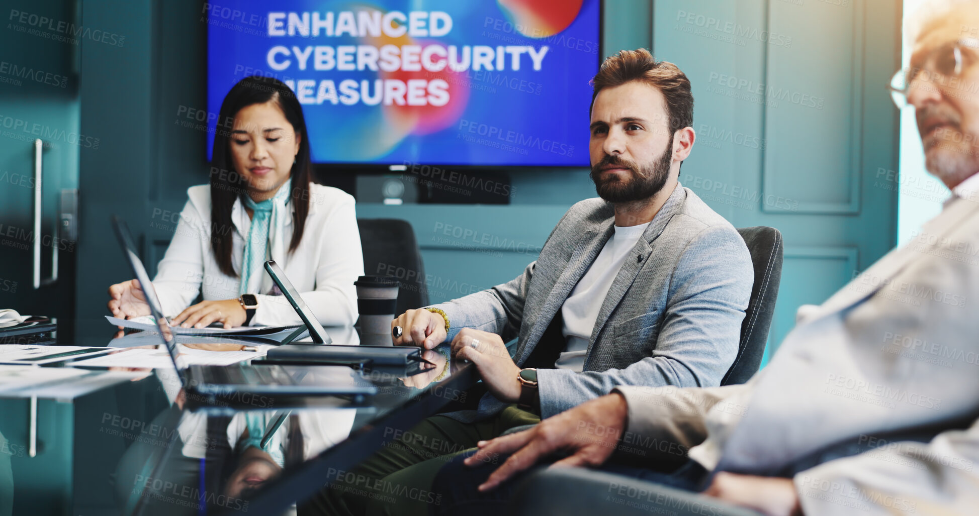 Buy stock photo Meeting, laptop and business people in office with screen for enhanced cybersecurity measures. Discussion, teamwork and investors with computer for investment proposal on data protection service.