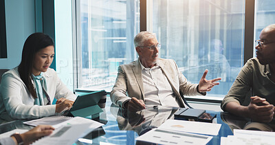 Buy stock photo Meeting, collaboration and group with documents, planning and discussion for stats, team and company. Corporate, colleagues and analysis of charts in business, people and communication for updates