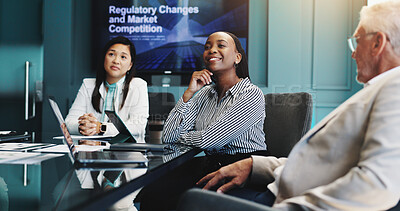 Buy stock photo Boardroom, teamwork and group with ideas, meeting and laptop with updates of regulations, smile and tech. Business, brainstorming and planning for strategy, people and analysis of market competition