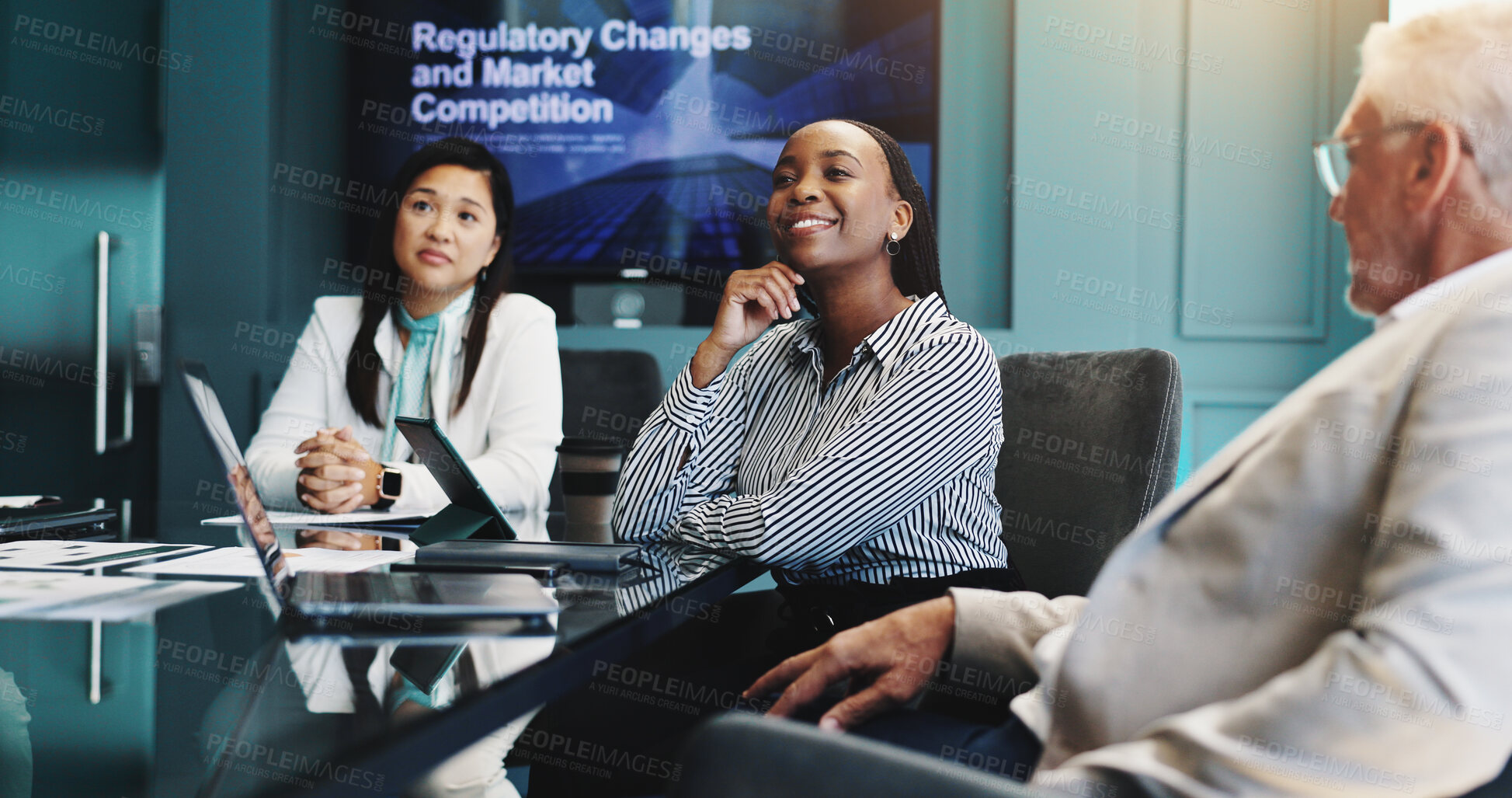 Buy stock photo Boardroom, teamwork and group with ideas, meeting and laptop with updates of regulations, smile and tech. Business, brainstorming and planning for strategy, people and analysis of market competition