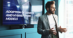 Businessman, meeting and presentation with screen for discussion, improvement or change at office. Man, speaker or employees with technology display or strategy for remote or hybrid model workshop
