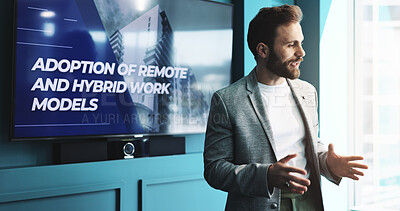Buy stock photo Businessman, meeting and presentation with screen for discussion, improvement or change at office. Man, speaker or employees with technology display or strategy for remote or hybrid model workshop