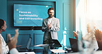 Businessman, applause and presentation with screen for congratulations, thank you or well done. Man, employee or speaker with technology display or team clapping for discussion on sustainable future