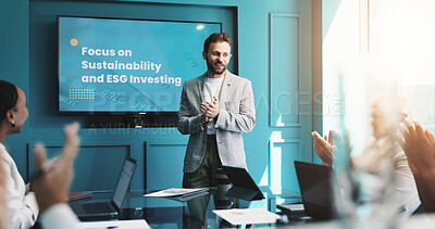 Buy stock photo Businessman, applause and presentation with screen for congratulations, thank you or well done. Man, employee or speaker with technology display or team clapping for discussion on sustainable future