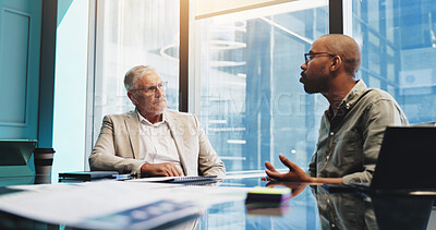 Buy stock photo Meeting, team and men with ideas, boardroom and discussion for stats, collaboration and communication. Talking, mature person and listening to employee with pitch, planning and strategy for business