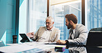 Meeting, collaboration and men with tablet, boardroom and discussion for stats, colleagues and company. Corporate, team and analysis of updates on website, employee and boss with tech in business