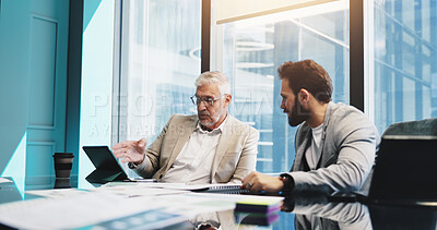 Buy stock photo Meeting, collaboration and men with tablet, boardroom and discussion for stats, colleagues and company. Corporate, team and analysis of updates on website, employee and boss with tech in business