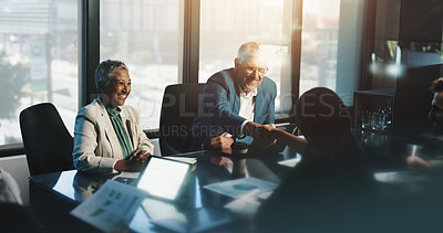 Buy stock photo Happy, handshake and people with documents, boardroom and discussion for stats, teamwork and company. Corporate, colleagues and shaking hands for performance of business, smile or gesture for success