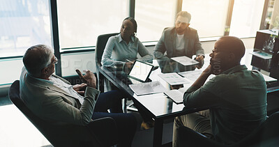 Buy stock photo Corporate, collaboration and people with documents, boardroom and discussion for stats, team and company. Meeting, colleagues and analysis of charts in business, planning or communication for updates