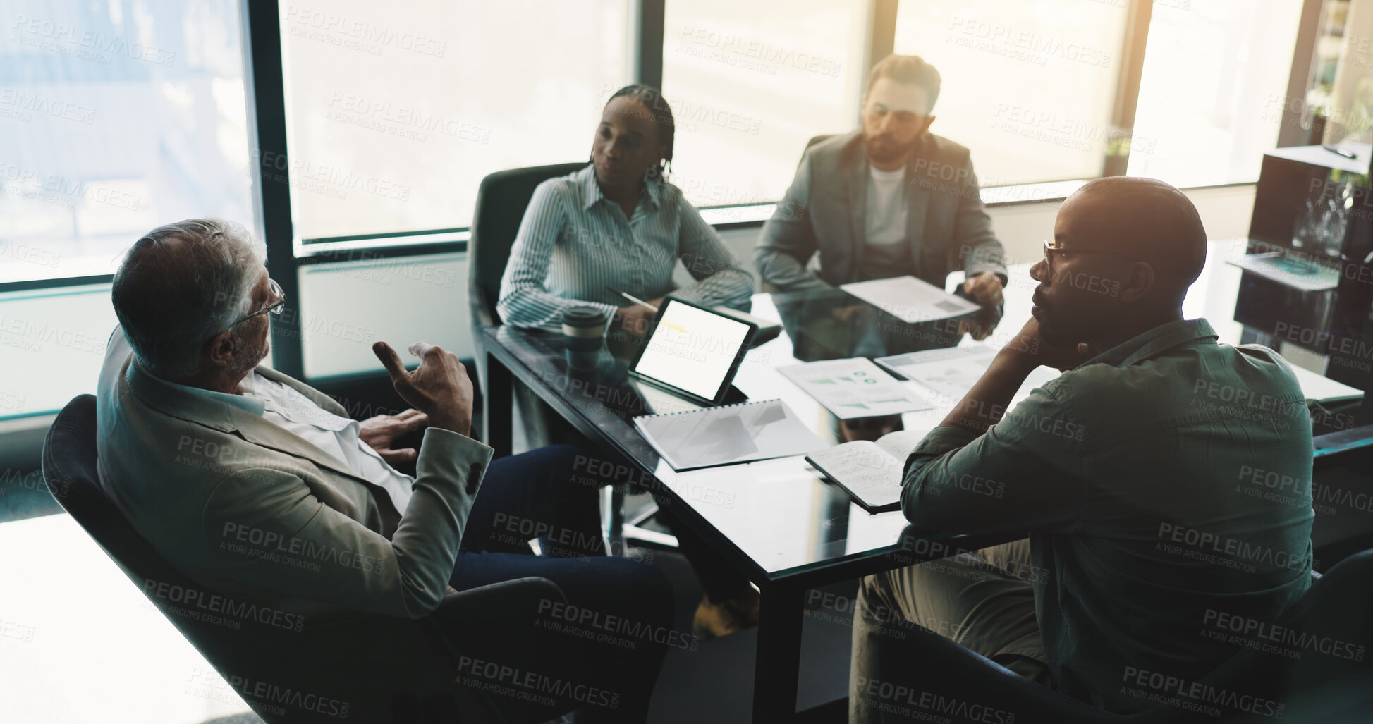Buy stock photo Corporate, collaboration and people with documents, boardroom and discussion for stats, team and company. Meeting, colleagues and analysis of charts in business, planning or communication for updates