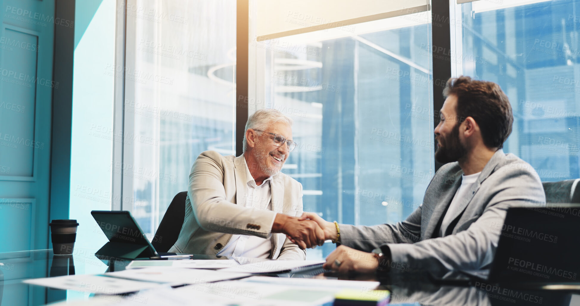 Buy stock photo Agreement, smile and men with handshake, boardroom and happy for success of project and collaboration. Communication, colleagues and shaking hands for ideas in business, people and gesture in office
