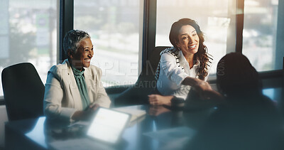 Buy stock photo Meeting, handshake and women with smile, agreement and discussion for collaboration, happy or company. Corporate, colleagues and shaking hands for performance of business, team or gesture for success