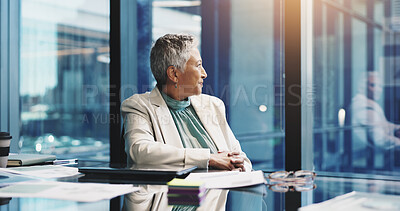 Buy stock photo Business, woman and thinking by window at desk for investment decision, proposal inspiration or vision. Finance manager, mature person or happy in office with financial insight or funding opportunity