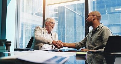 Buy stock photo Meeting, collaboration and men with handshake, boardroom and smile for agreement or communication. Happy, colleagues and shaking hands for ideas in business, people or planning for marketing strategy