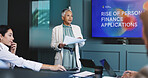 Business, woman and documents in finance presentation for personal financial apps, corporate pitch or information. Stakeholder meeting, screen and discussion for digital banking or account management
