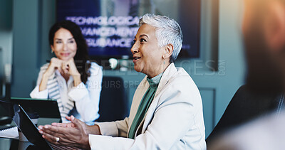 Buy stock photo Meeting, laptop and business woman in office with screen for finance investment proposal. Discussion, teamwork and mature female financial manager with computer for company revenue pitch with clients
