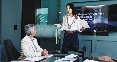 Buy stock photo Business woman, meeting or presentation with screen for project discussion, market research or changes. Female person, speaker or employee with technology display for proposal on competitive analysis
