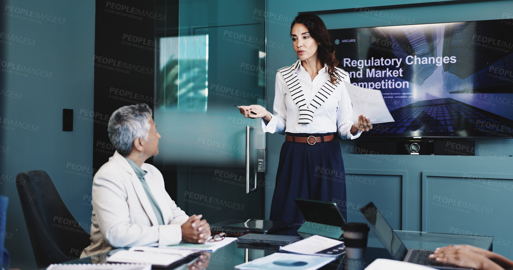 Buy stock photo Business woman, meeting or presentation with screen for project discussion, market research or changes. Female person, speaker or employee with technology display for proposal on competitive analysis