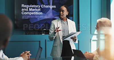 Buy stock photo Woman, presentation and meeting with screen for marketing strategy, competitive analysis or changes. Female person, employee or speaker with team or documents for discussion, ideas or online services
