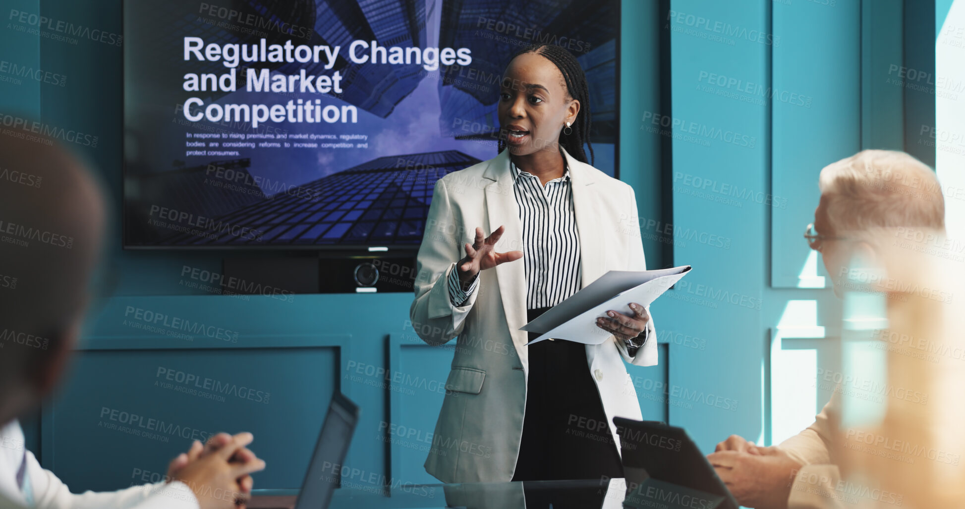Buy stock photo Woman, presentation and meeting with screen for marketing strategy, competitive analysis or changes. Female person, employee or speaker with team or documents for discussion, ideas or online services