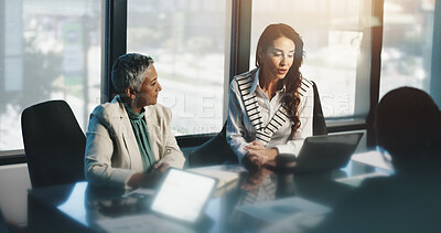 Buy stock photo Meeting, collaboration and women with laptop, review and discussion for stats, talking and company. Corporate, teamwork and reading updates for business, accountant and people with tech in boardroom