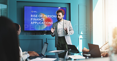 Buy stock photo Business, people and man with finance presentation for personal financial apps, market overview and pitch. Stakeholder meeting, screen and seminar discussion for digital banking or account management