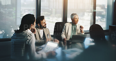 Buy stock photo Discussion, group and mature woman with laptop, team and planning for financial growth in business. Corporate, accountant and monitoring performance with charts, people and info for productivity