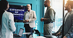 Brainstorming, group and colleagues in boardroom, discussion and tech with market analysis for business. Collaboration, team and people with paperwork for strategy, e commerce and ideas for expansion