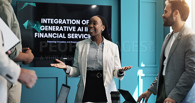 Buy stock photo Businesswoman, screen and talking in finance presentation for financial services, corporate pitch or ideas. Stakeholder meeting, AI integration or proposal for digital banking or account management