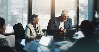 Buy stock photo Meeting, collaboration and people with laptop, boardroom and discussion for stats, team and company. Corporate, colleagues and analysis of charts in business, planning and communication for updates