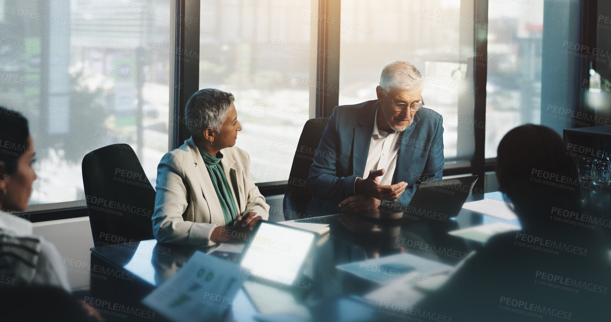 Buy stock photo Meeting, collaboration and people with laptop, boardroom and discussion for stats, team and company. Corporate, colleagues and analysis of charts in business, planning and communication for updates