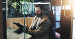 Tablet, research and mature businessman in office scrolling for company budget report. Digital technology, reading and male financial manager with online investment proposal for client in workplace.