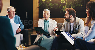 Buy stock photo Business people, meeting and planning in workplace, conversation and brainstorming for creative project. Group, employees and leader in office, teamwork and feedback for ideas, talking and proposal