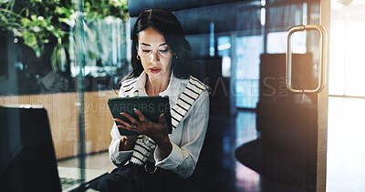 Buy stock photo Tablet, research and businesswoman in office scrolling for company budget report with career. Digital technology, reading and female financial manager with online investment proposal in workplace.