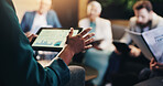 Business graphs, hands and meeting with tablet screen for corporate revenue, company performance or profit growth. Closeup, investors and charts for budget forecasting, financial discussion or review