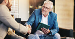Business people, mature or CEO shaking hands for negotiation, agreement or b2b deal in lobby. Tablet, executive director or entrepreneur greeting investor for handshake offer, partnership or meeting