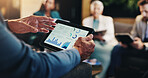Business charts, hands and meeting with tablet screen for revenue stats, company performance and financial growth. Closeup, investors and graphs for budget forecasting, data analysis or profit report