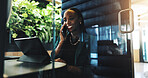 Business, woman and tablet with phone call in office for discussion, schedule update and finance report. African person, mobile and information for proposal feedback, investment offer and negotiation