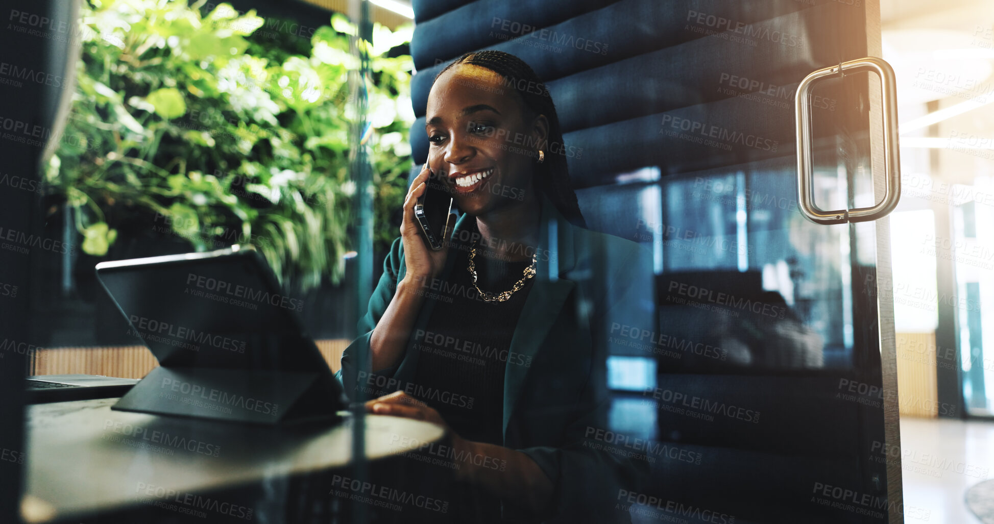 Buy stock photo Business, woman and tablet with phone call in office for discussion, schedule update and finance report. African person, mobile and information for proposal feedback, investment offer and negotiation