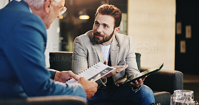 Buy stock photo Collaboration, meeting and tablet with business men in lobby of office for discussion or proposal. Documents, smile and presentation with employee in workplace for partnership, report or research