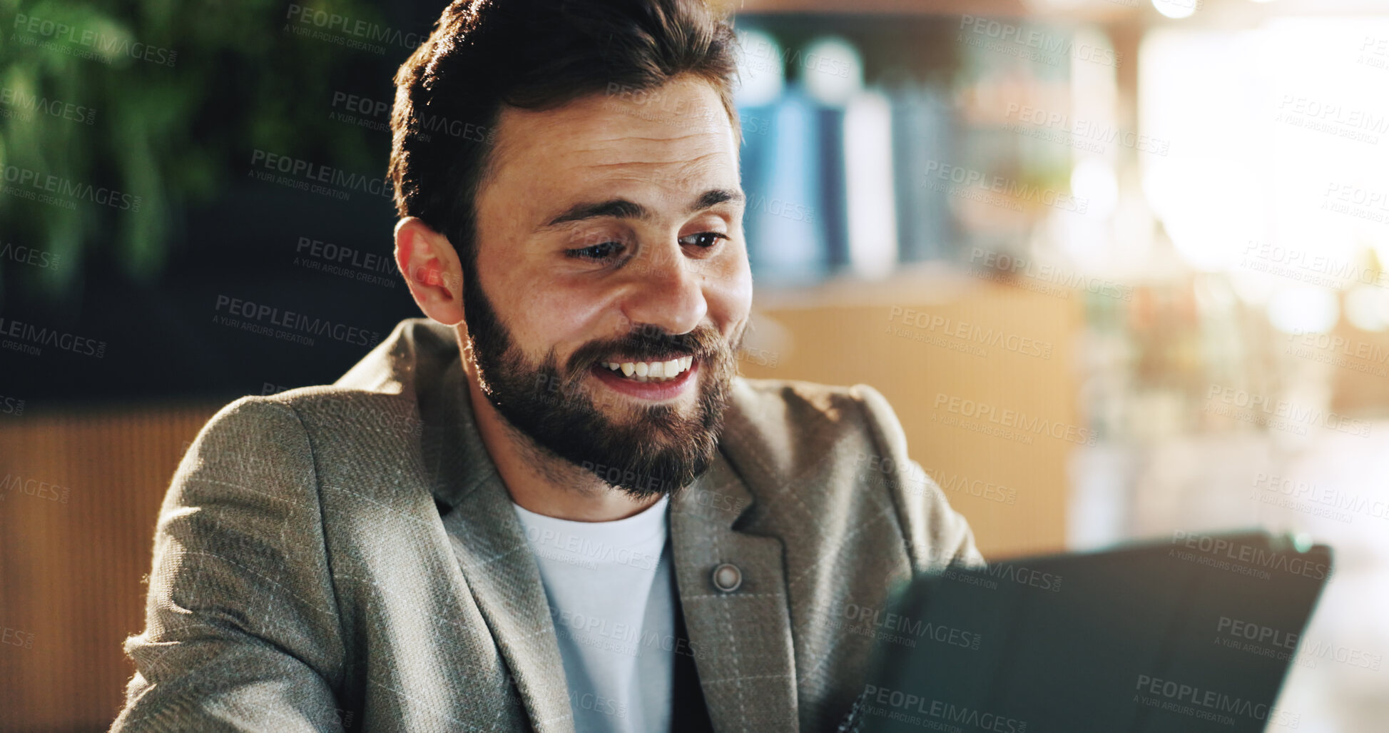 Buy stock photo Office, businessman and smile with tablet for approval, research or online results. Employee, cafeteria and male editor with digital tech for reading article, blog and info with idea in lobby