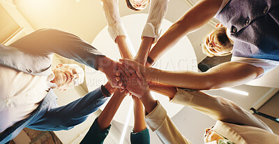 Buy stock photo Below, circle and hands of business people in office for teamwork, collaboration and solidarity. Professional workers, corporate and men and women with stack for celebration, support and partnership
