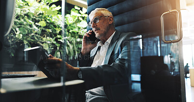 Buy stock photo Business, mature man and phone call in office with discussion, schedule update and finance contact. Accountant, tablet and listen on mobile, proposal feedback and negotiation of investment in cubicle