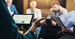 Business graphs, hands and discussion with tablet screen for data analysis, revenue performance or profit growth. Closeup, investors or statistics for budget forecasting, financial feedback or report