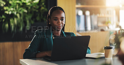 Buy stock photo Cafeteria, employee and woman with laptop, typing and research for case in morning, online and coffee. Administration, legal assistant and black person with tech for info and digital records in cafe