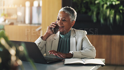 Buy stock photo Business, woman and laptop with phone call in office for discussion, schedule update and finance report. Mature person, mobile and information with proposal feedback, investment offer and negotiation